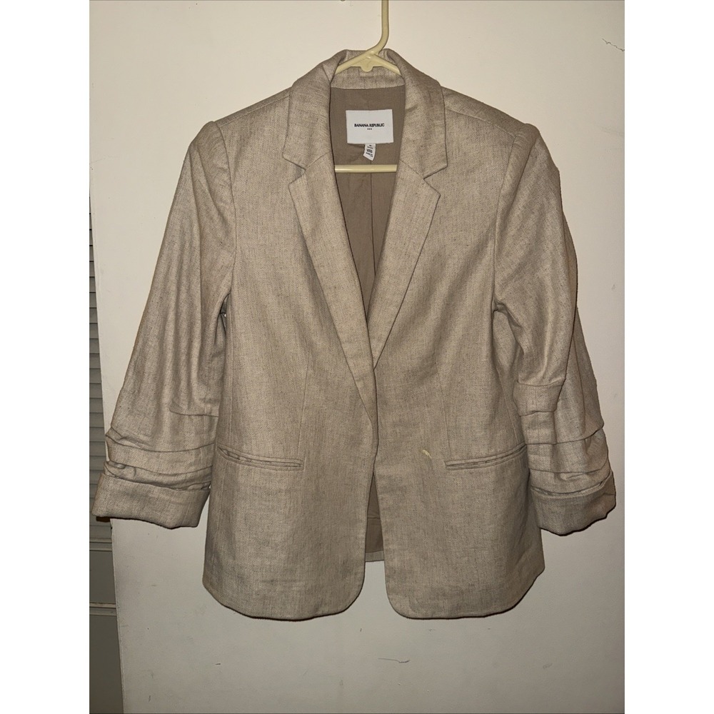 Banana Republic Hayden Blazer Linen Blend 6 Petite Tan Ruched 3/4 Sleeves